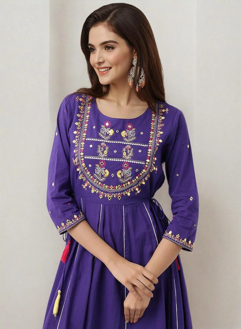 ISHIN  Women'S Purple 100% Cotton Embellished Regular Fit Dress for Women | Best Price UAE